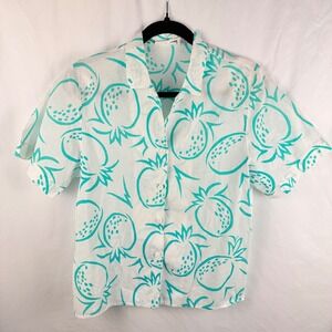 Vintage Weathervane Novelty Print Blue Pineapples Short Sleeve Button Up Size 8